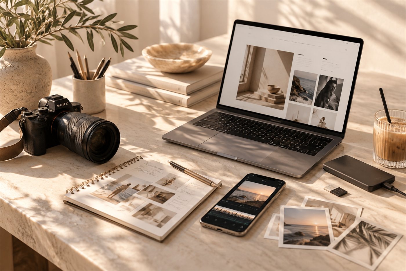 Работното място на CANVAS — фотоапарат, лаптоп и отпечатани кадри